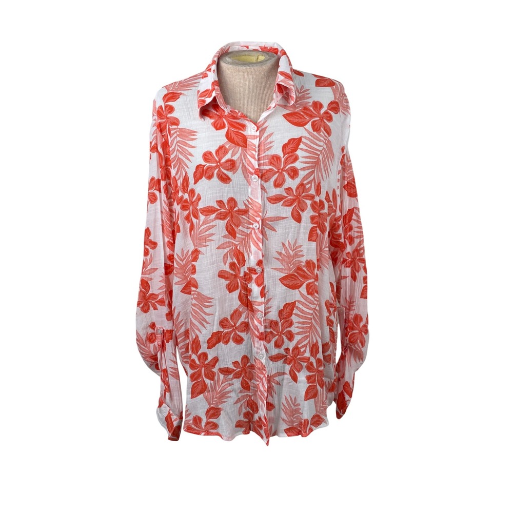 Ochenta Women XL Tropical Floral Palm Leaf Button Down Shirt Roll Tab